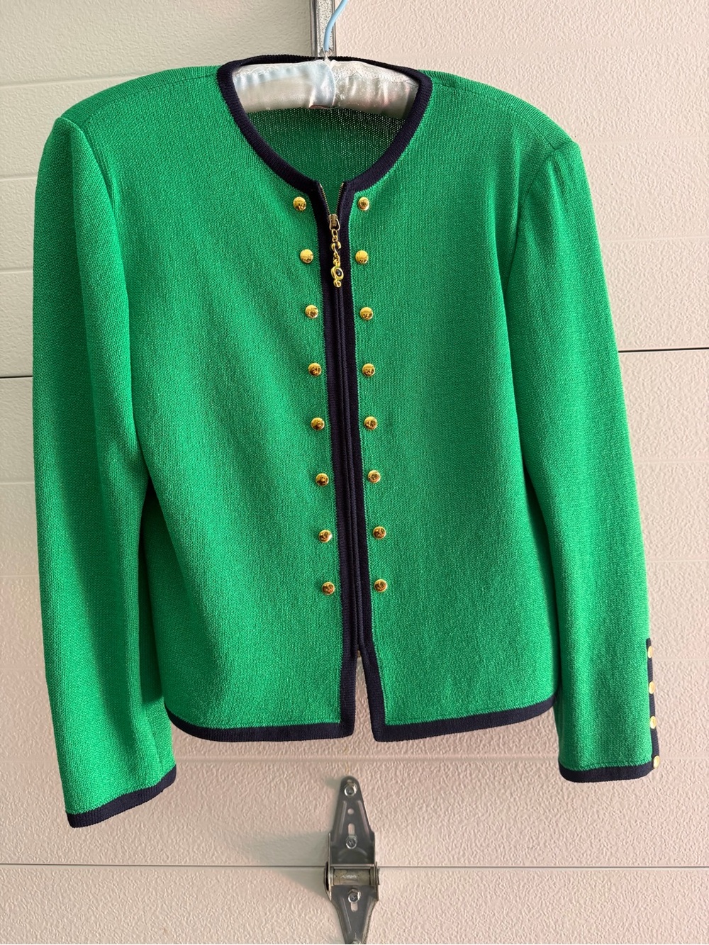 St. John Green and Navy Knit Jacket with Gold Buttons